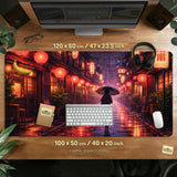 Lofi Anime Desk Mat XXL Extended Japanese Rainy Street - Deskneko