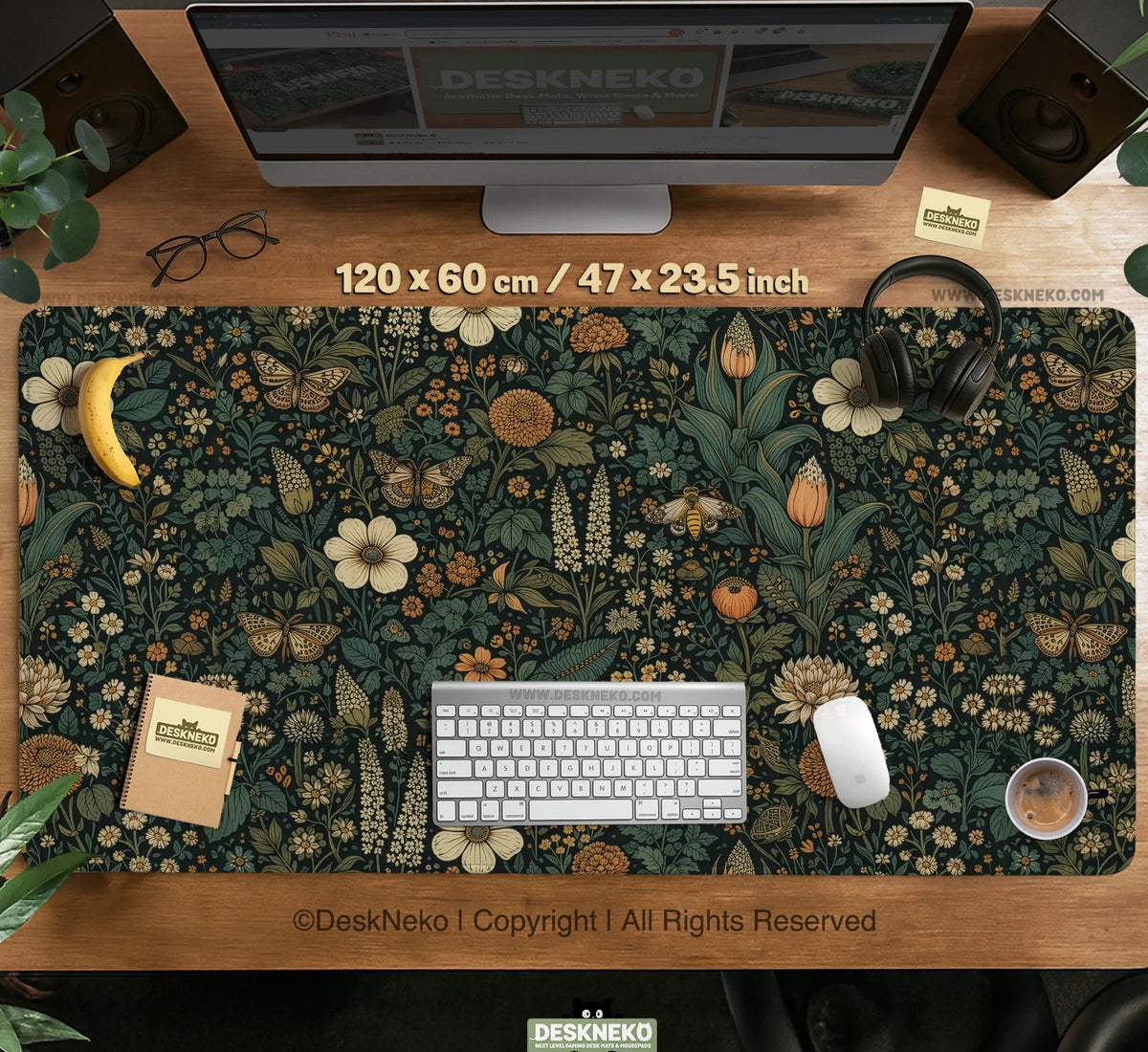 Dark Floral Cottagecore Desk Mat with Botanical Butterflies - Deskneko