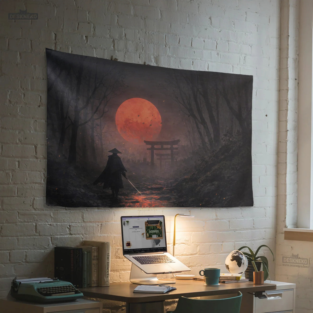 Samurai Red Moon Wall Tapestry Decor - Deskneko