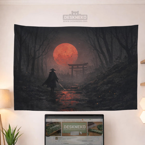 Samurai Red Moon Wall Tapestry Decor - Deskneko