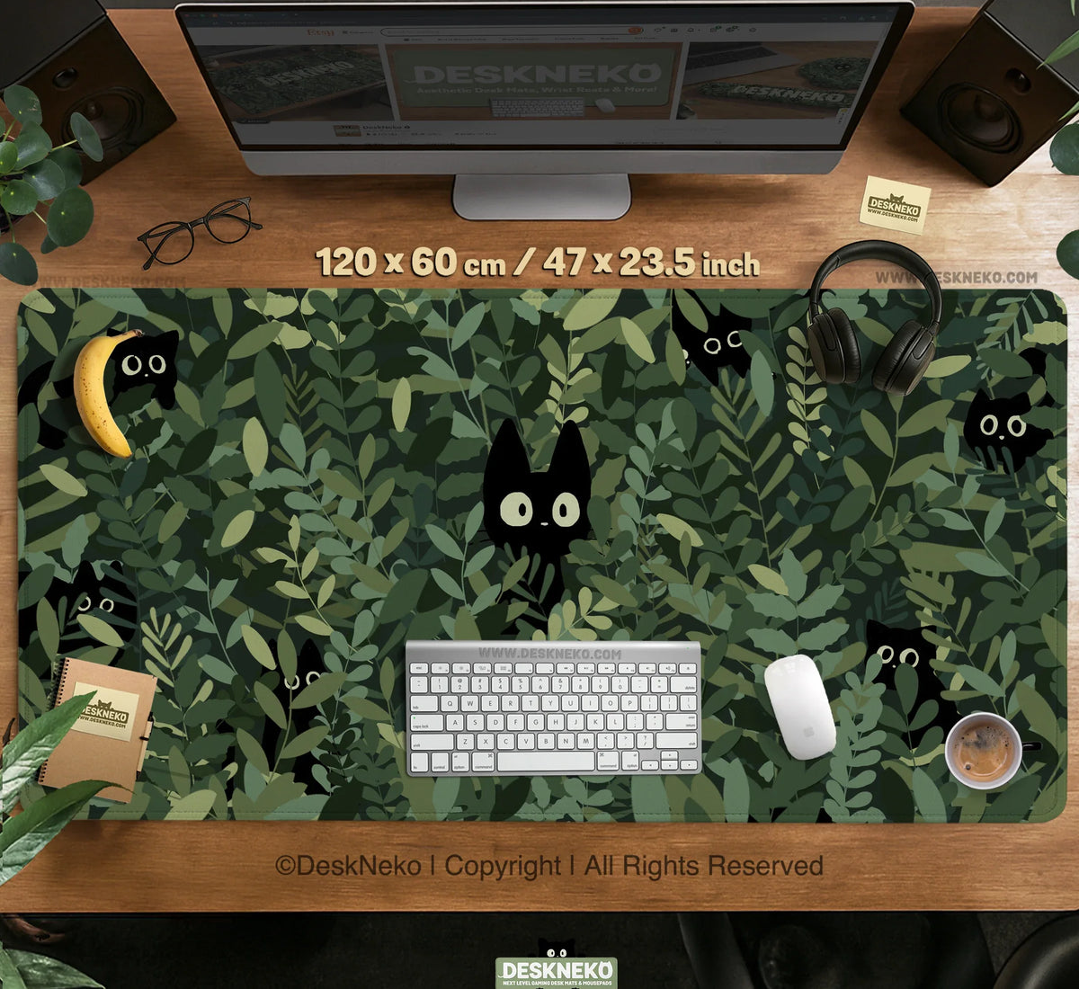 Botanical Cat Desk Mat, Cozy Green Desk Pad for Work and Gaming - Deskneko