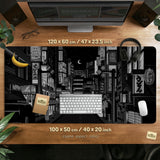 Black White Tokyo Night Desk Mat, Cyberpunk Japanese Street Mousepad - Deskneko