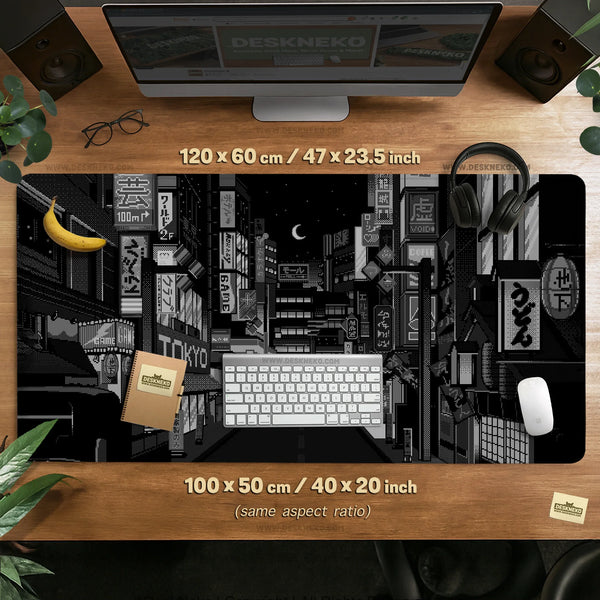 Black White Tokyo Night Desk Mat, Cyberpunk Japanese Street Mousepad - Deskneko