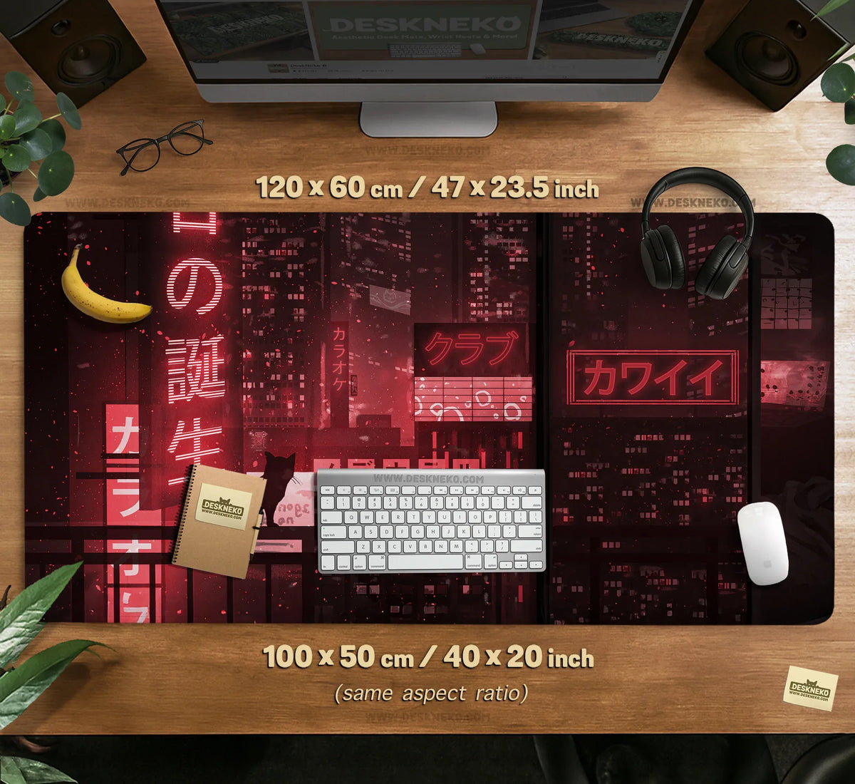 Red Cyberpunk Tokyo Cat Desk Mat - Deskneko