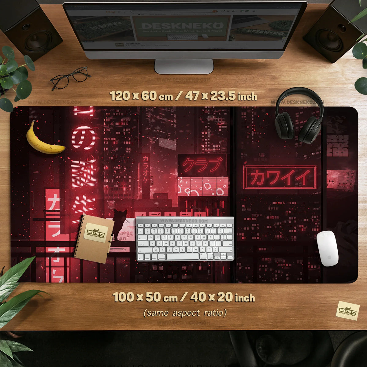 Red Cyberpunk Tokyo Cat Desk Mat - Deskneko