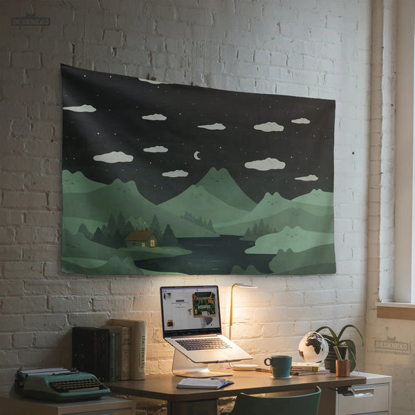 Green Cat Hills Wall Tapestry Cozy Night Landscape - Deskneko
