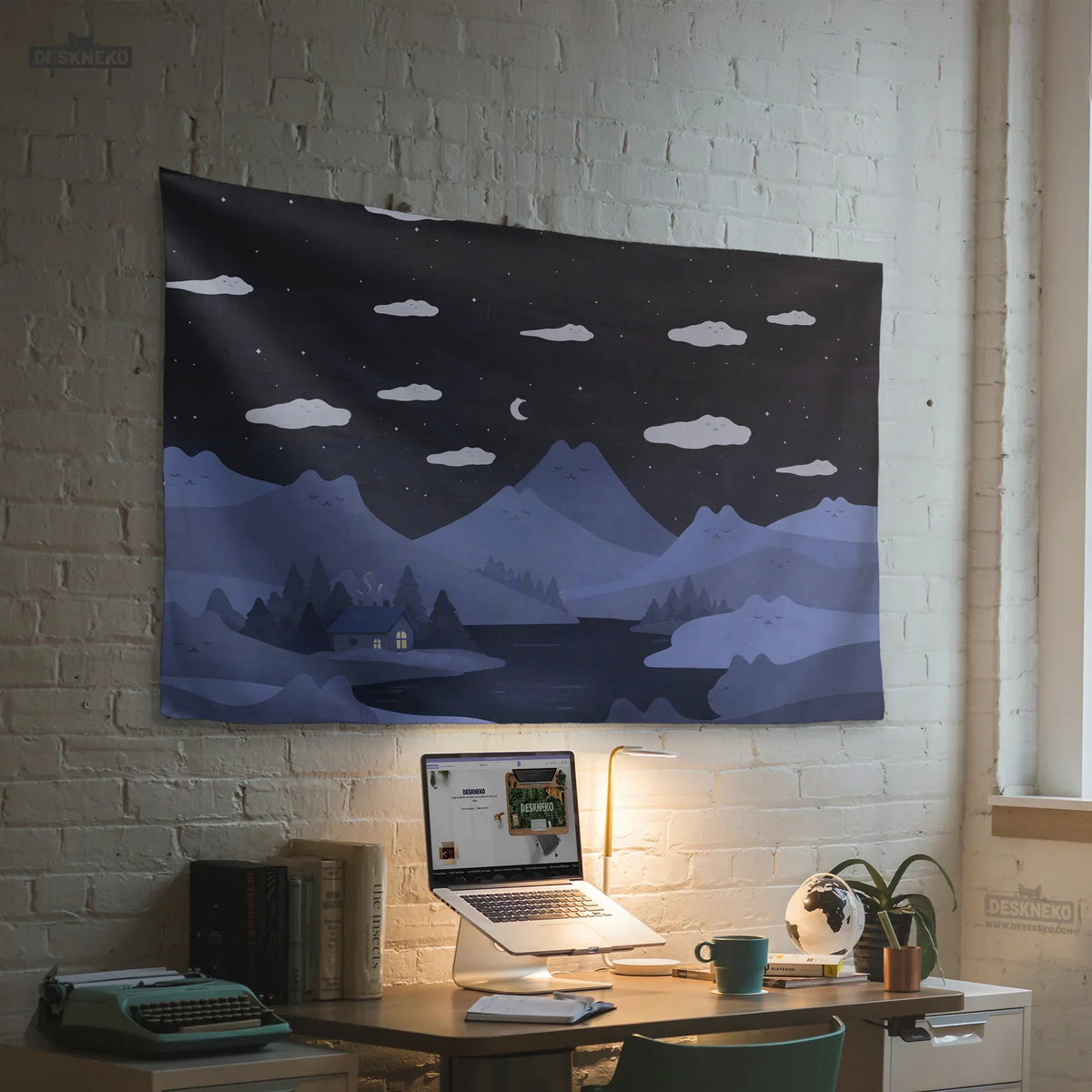 Navy Cat Hills Wall Tapestry Cozy Night Landscape - Deskneko