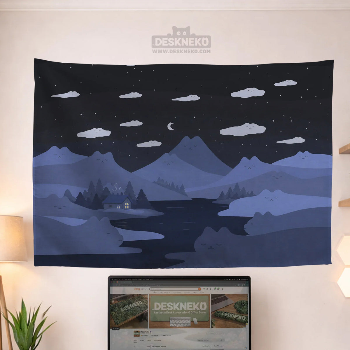 Navy Cat Hills Wall Tapestry Cozy Night Landscape - Deskneko