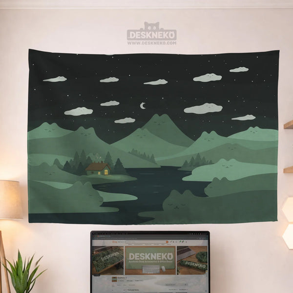 Green Cat Hills Wall Tapestry Cozy Night Landscape - Deskneko