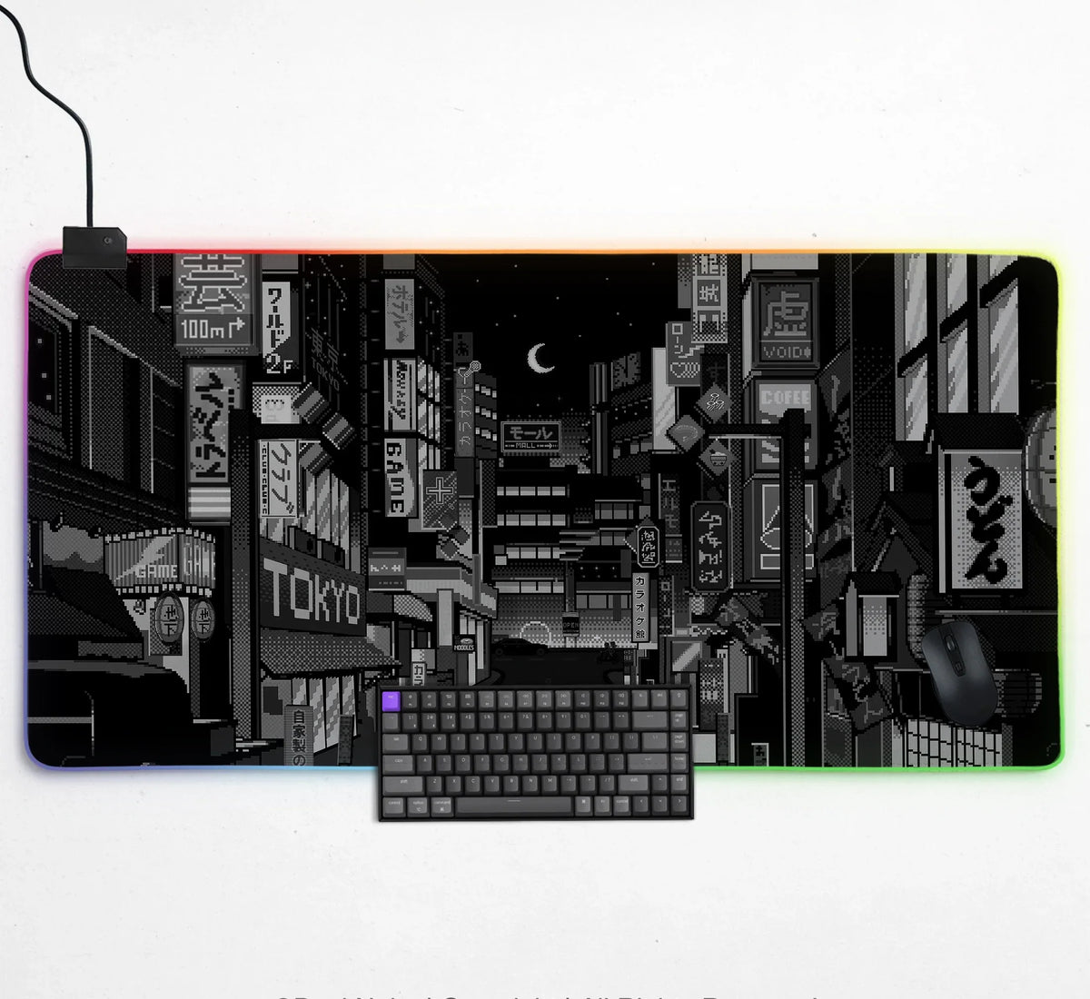 Black White Tokyo Night Desk Mat, Cyberpunk Japanese Street Mousepad - Deskneko