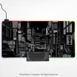 Black White Tokyo Night Desk Mat, Cyberpunk Japanese Street Mousepad - Deskneko