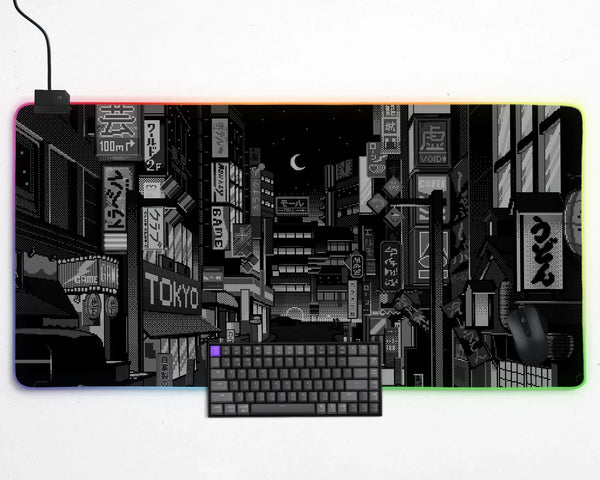 Black White Tokyo Night Desk Mat, Cyberpunk Japanese Street Mousepad - Deskneko