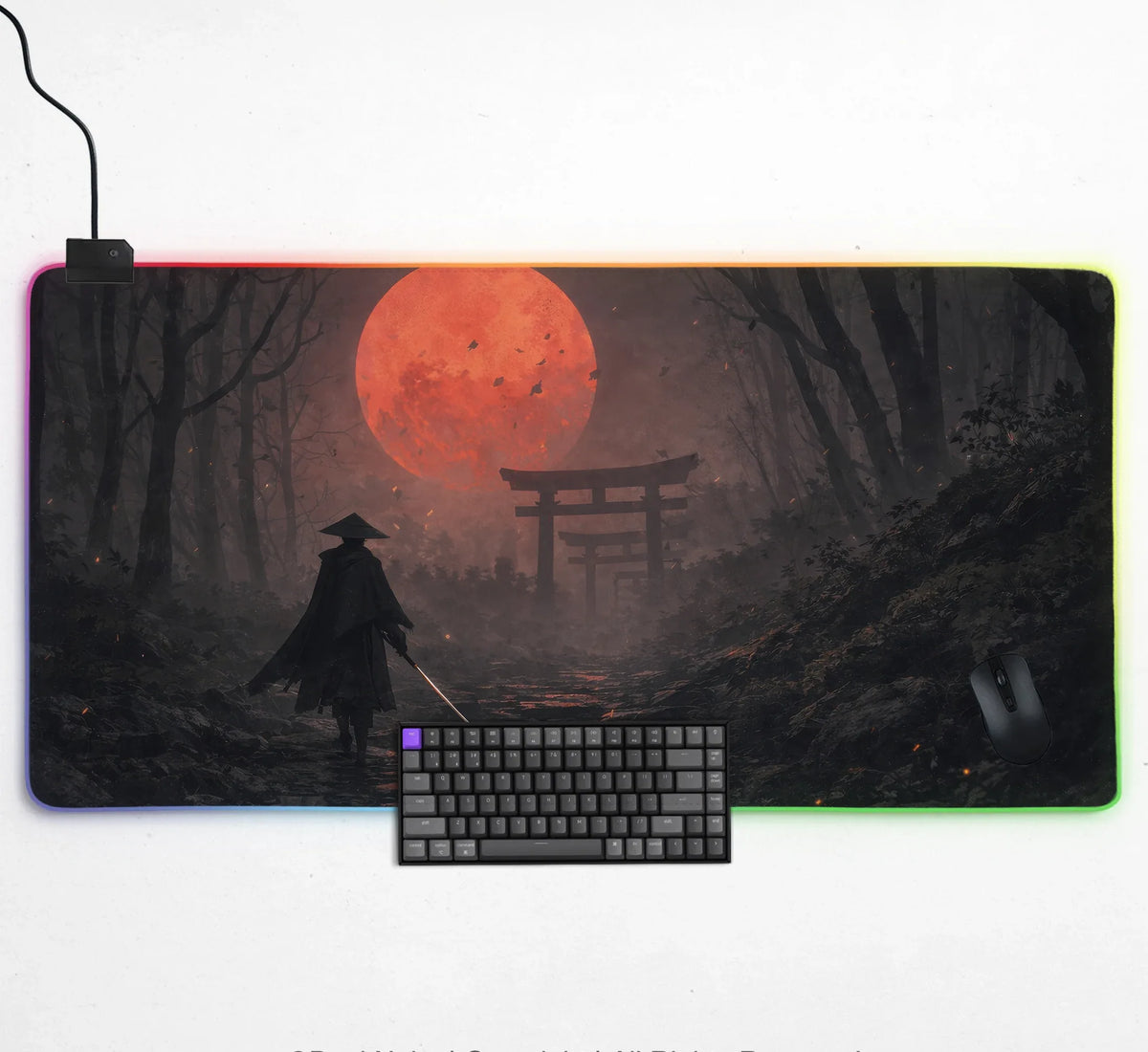 Samurai Red Moon Desk Mat Mousepad - Deskneko
