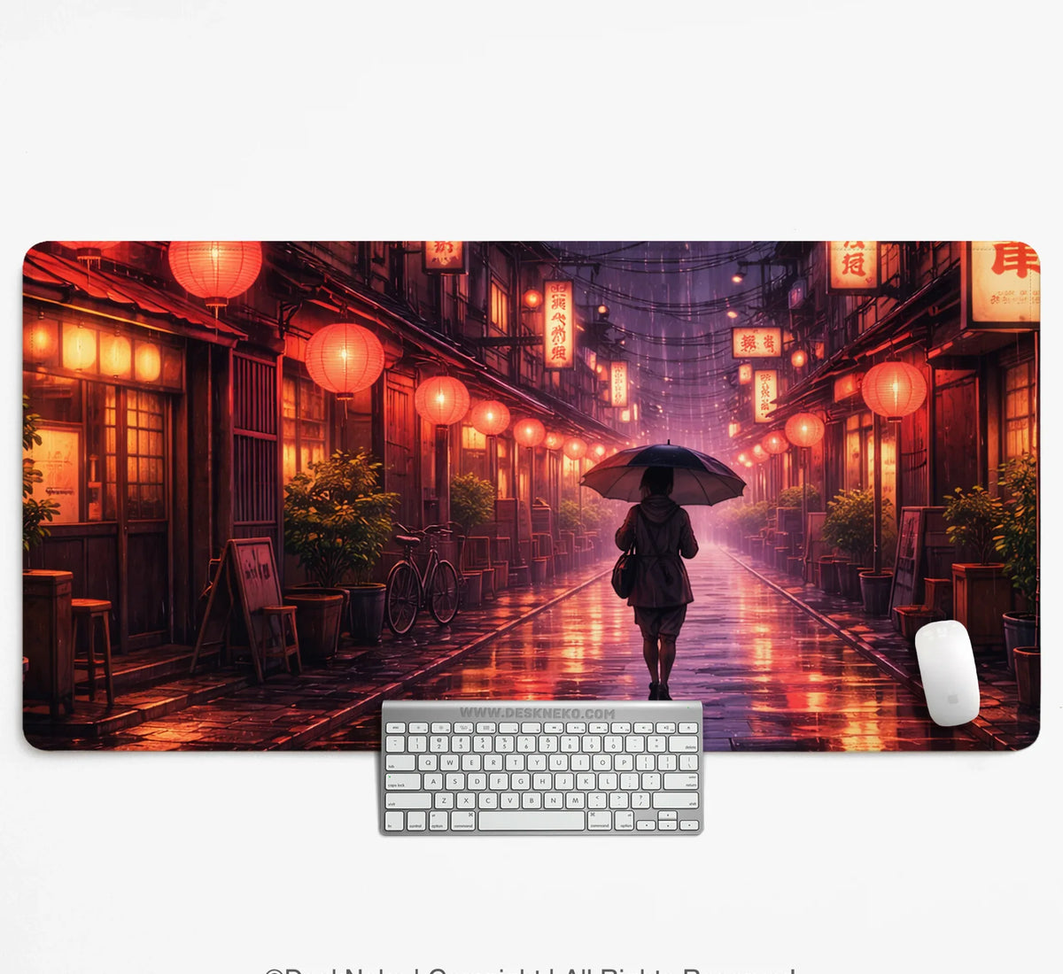 Lofi Anime Desk Mat XXL Extended Japanese Rainy Street - Deskneko