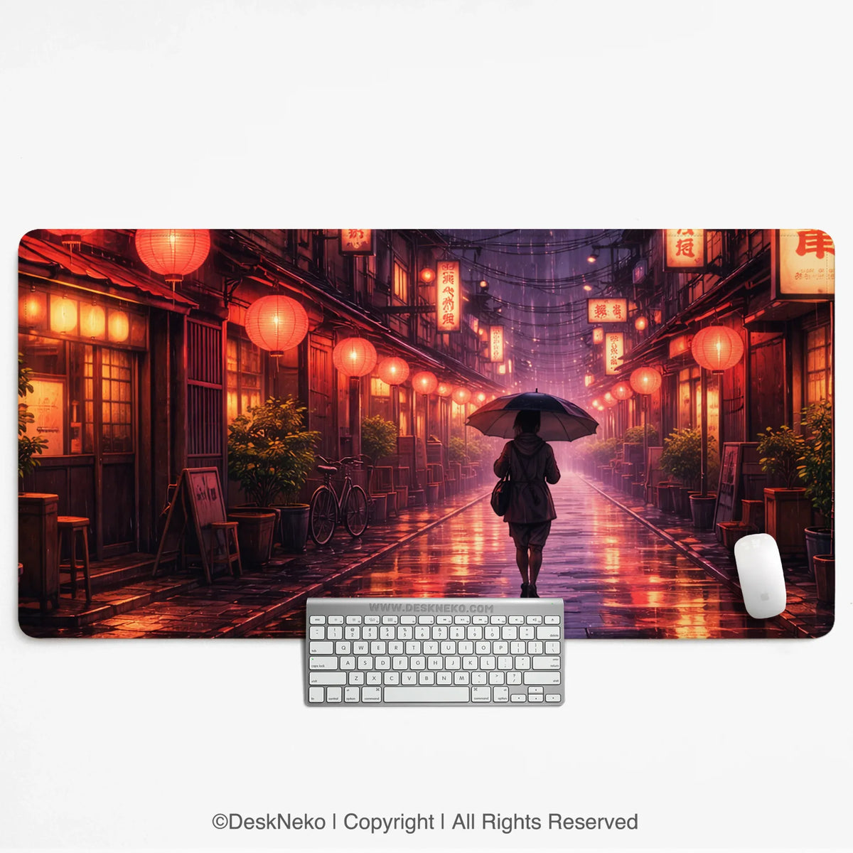 Lofi Anime Desk Mat XXL Extended Japanese Rainy Street - Deskneko
