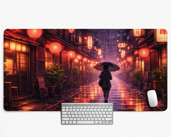 Lofi Anime Desk Mat XXL Extended Japanese Rainy Street - Deskneko