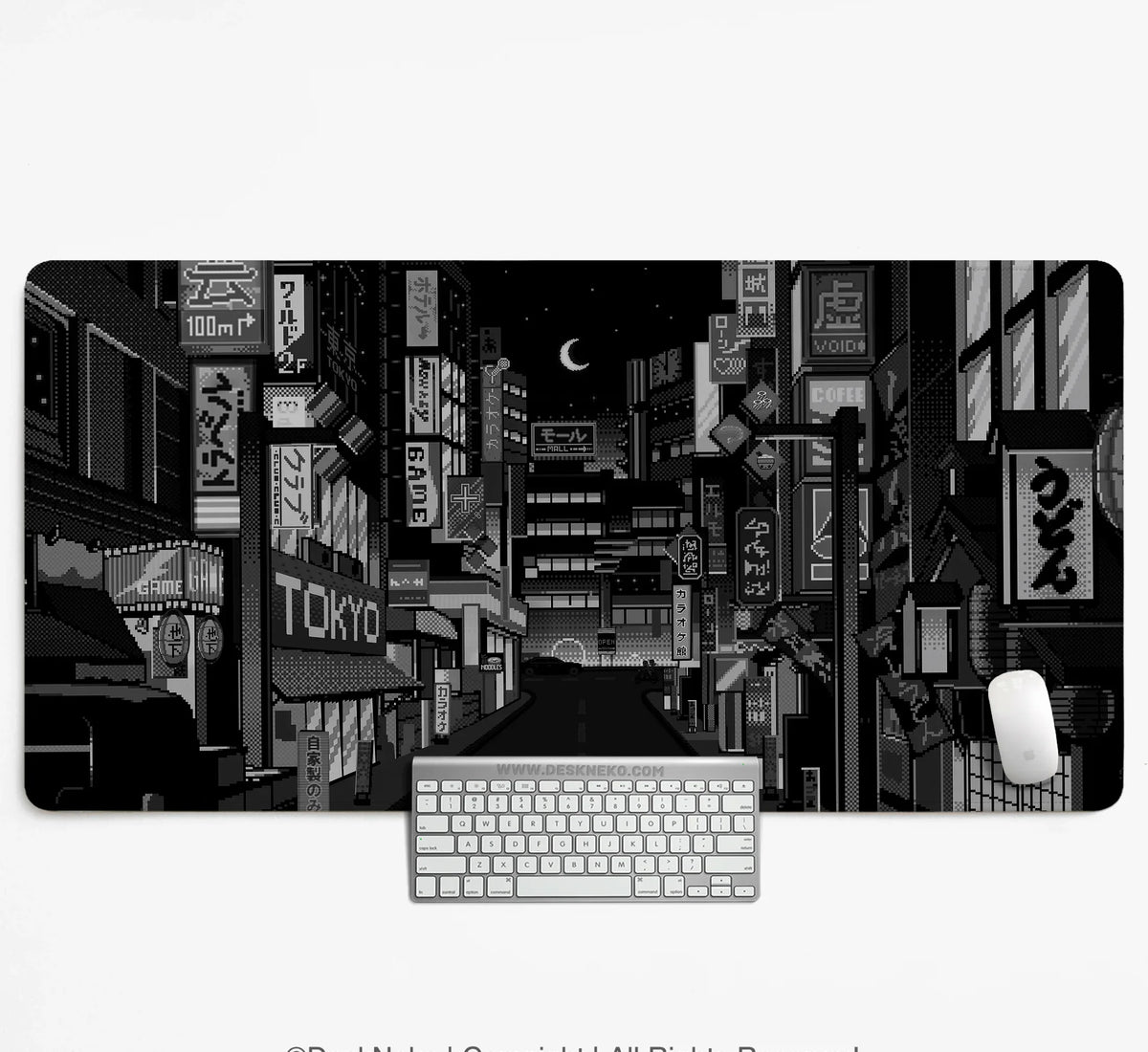 Black White Tokyo Night Desk Mat, Cyberpunk Japanese Street Mousepad - Deskneko
