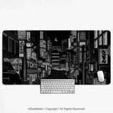 Black White Tokyo Night Desk Mat, Cyberpunk Japanese Street Mousepad - Deskneko