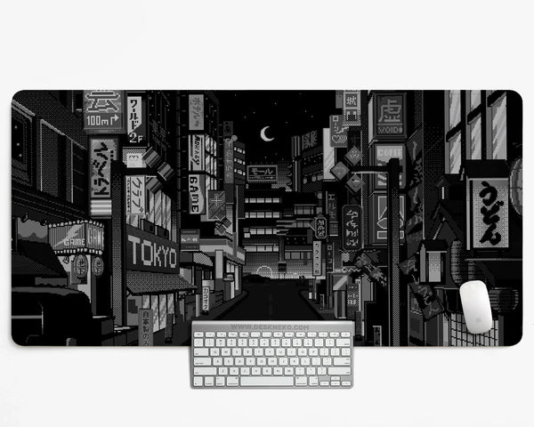 Black White Tokyo Night Desk Mat, Cyberpunk Japanese Street Mousepad - Deskneko