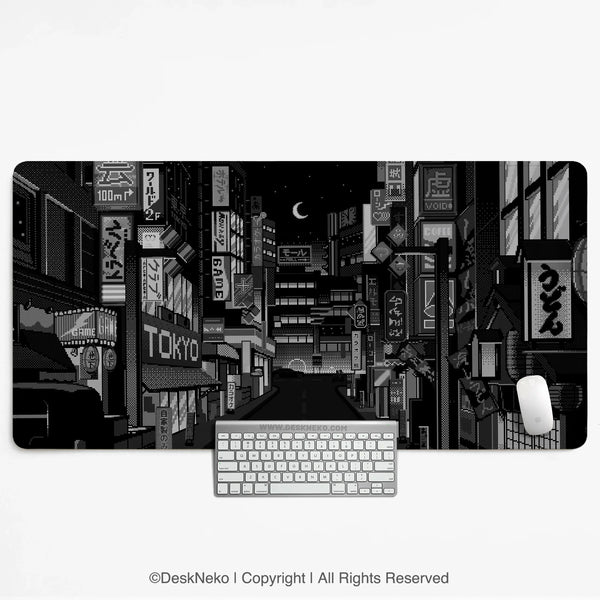 Black White Tokyo Night Desk Mat, Cyberpunk Japanese Street Mousepad - Deskneko