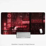 Red Cyberpunk Tokyo Cat Desk Mat - Deskneko