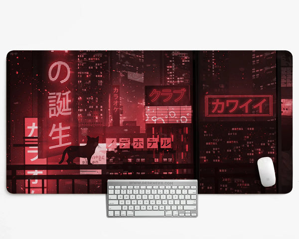 Red Cyberpunk Tokyo Cat Desk Mat - Deskneko