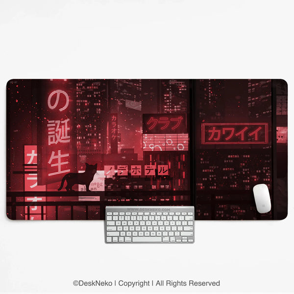 Red Cyberpunk Tokyo Cat Desk Mat - Deskneko