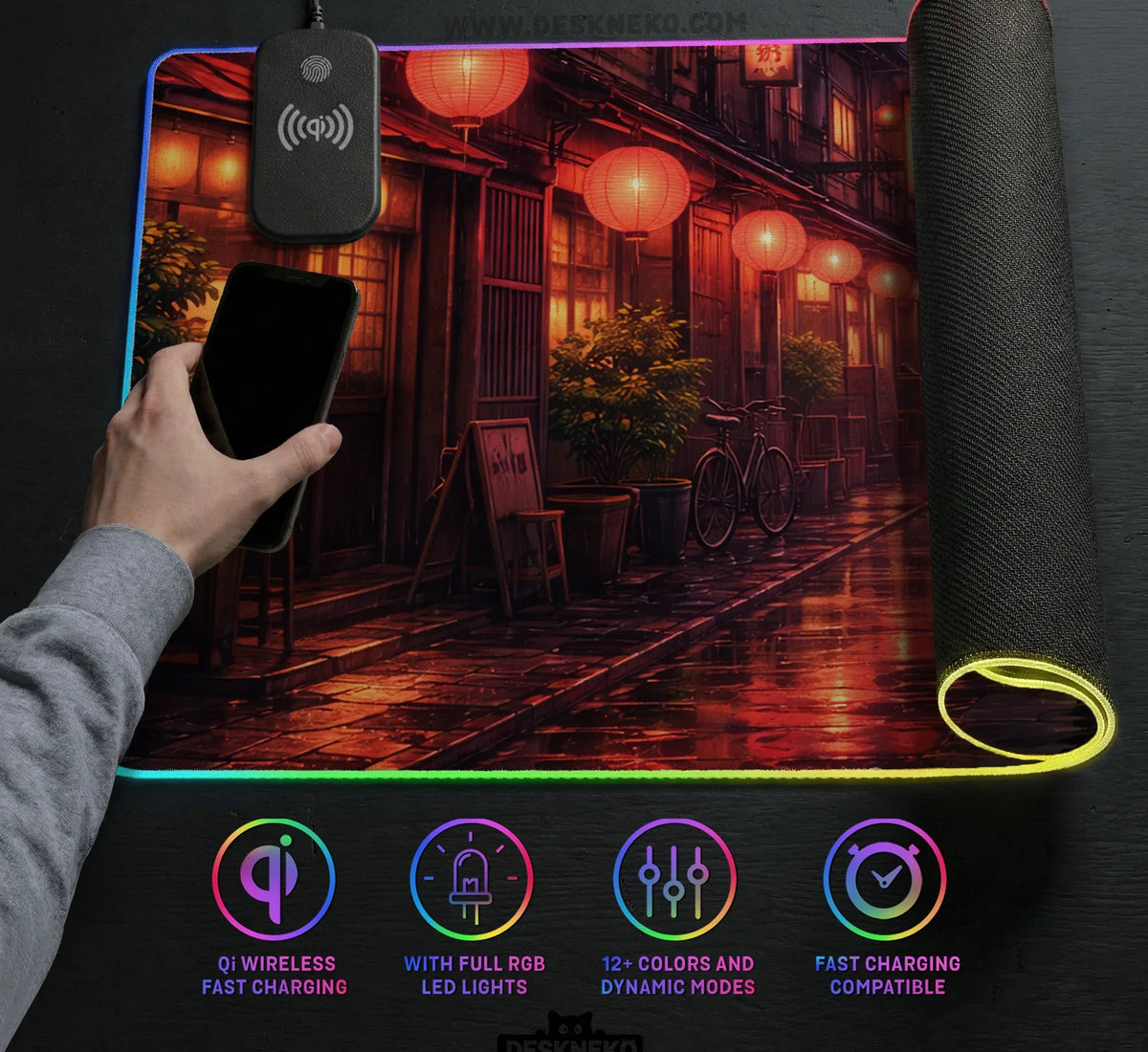 Lofi Anime Desk Mat XXL Extended Japanese Rainy Street - Deskneko