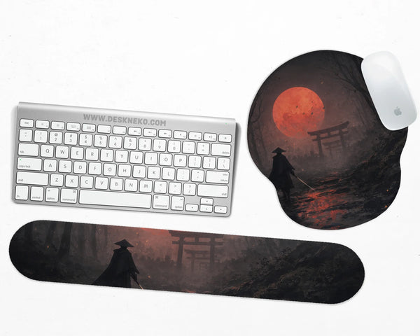 Samurai Red Moon Ergonomic Mousepad & Keyboard Wrist Rest - Deskneko