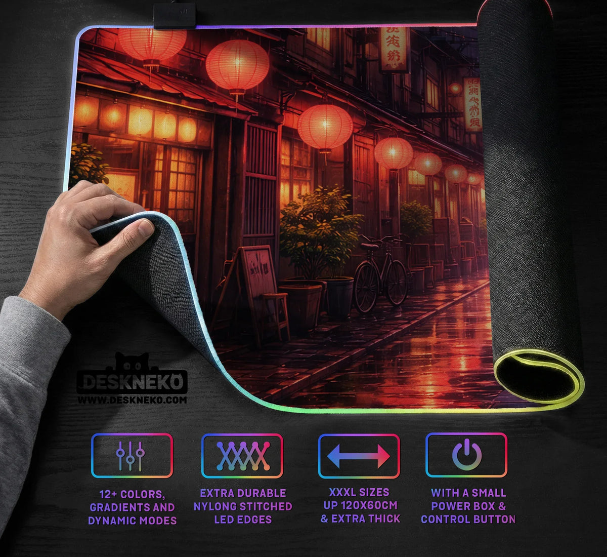 Lofi Anime Desk Mat XXL Extended Japanese Rainy Street - Deskneko