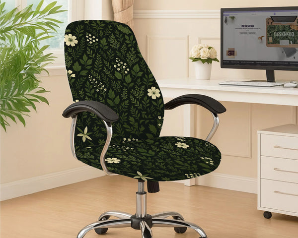 Botanical Office Chair Cover with Dark Green Floral Pattern - Deskneko