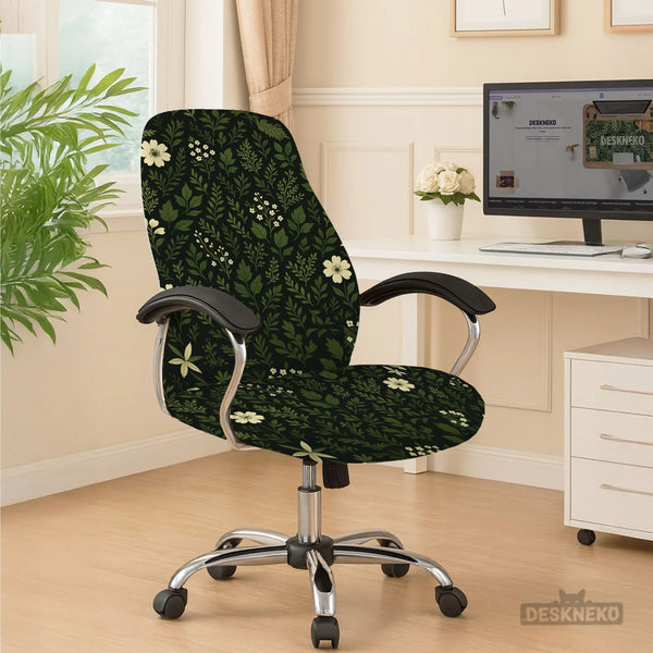 Botanical Office Chair Cover with Dark Green Floral Pattern - Deskneko