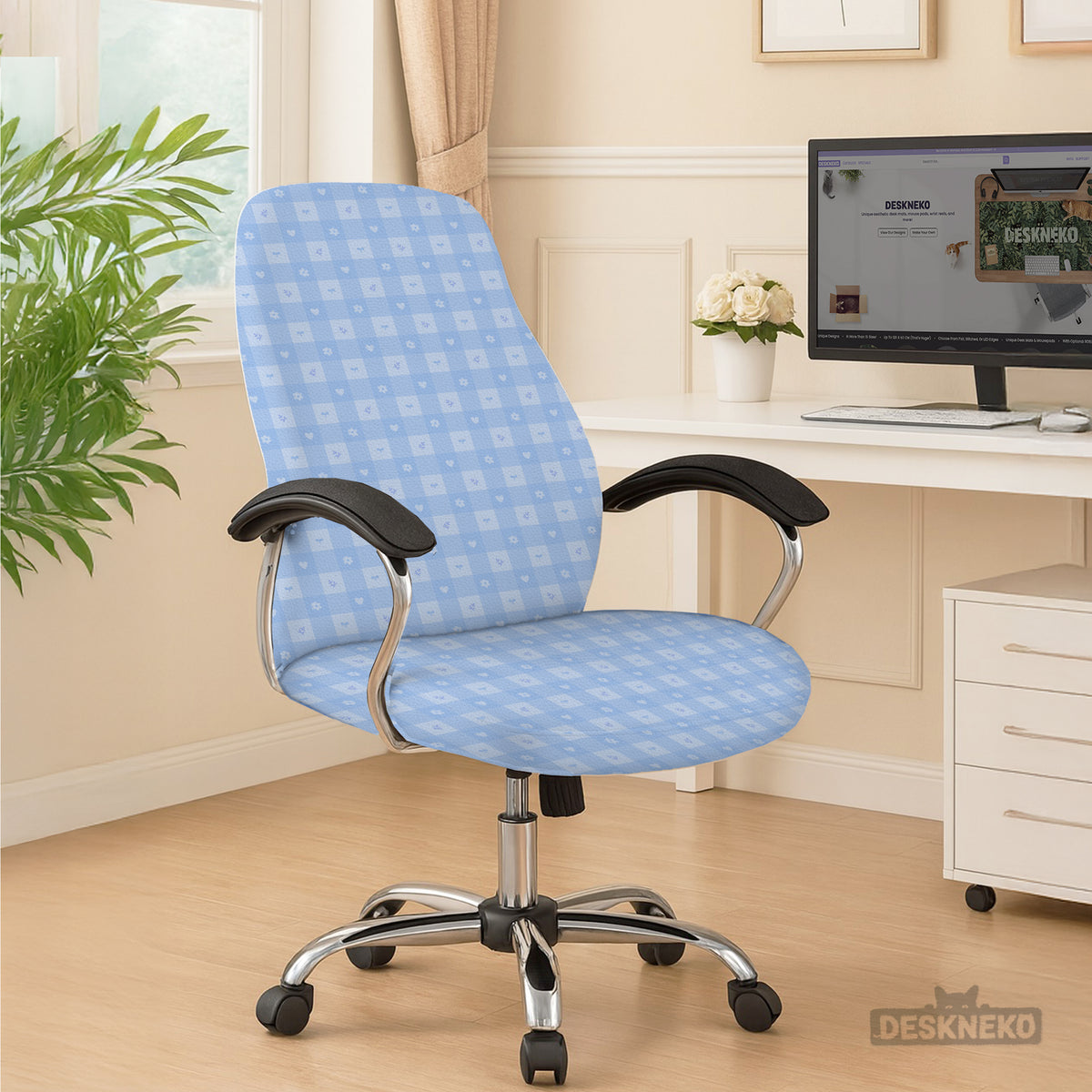 Blue Gingham Desk Chair Cover - Chair Covers - Deskneko - Desk Chair Covers