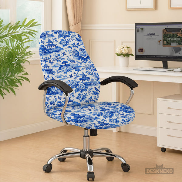 Blue Chinoiserie Desk Chair Cover - Chair Covers - Deskneko - Desk Chair Covers