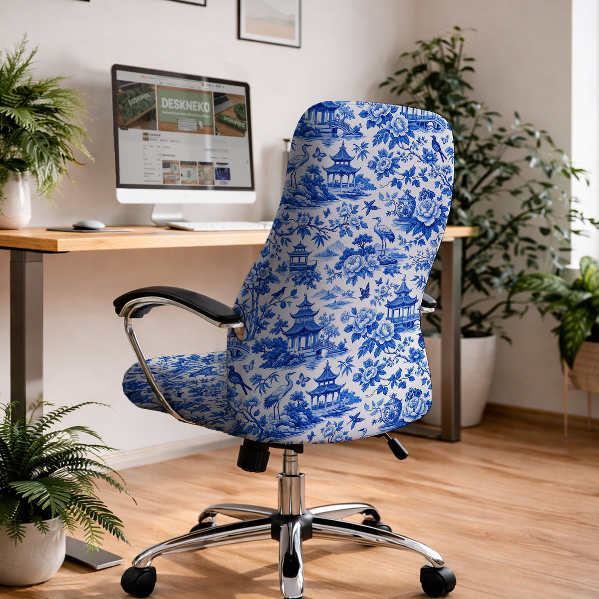 Blue Chinoiserie Desk Chair Cover - Chair Covers - Deskneko - Desk Chair Covers