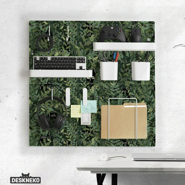 Botanical Cat Desk Pegboard Organizer, Forest Green Workspace Storage - Deskneko