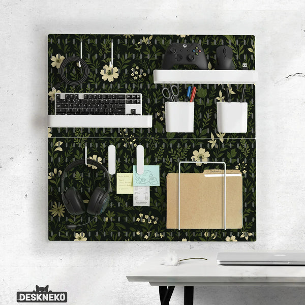 Botanical Pegboard Organizer with Dark Green Floral Pattern - Deskneko