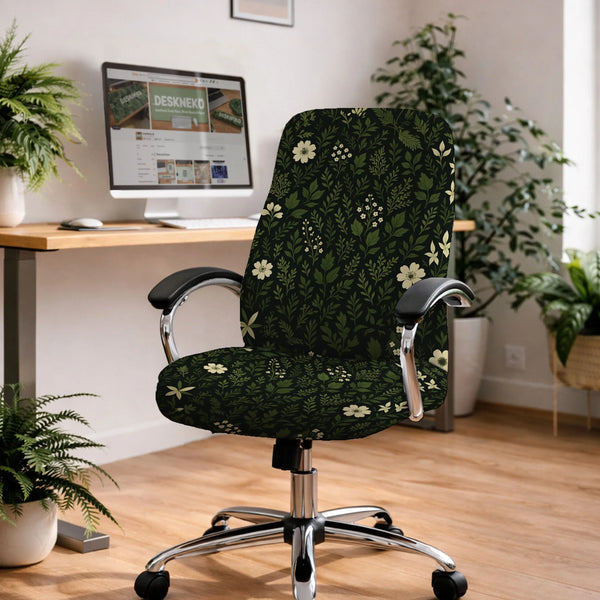 Botanical Office Chair Cover with Dark Green Floral Pattern - Deskneko