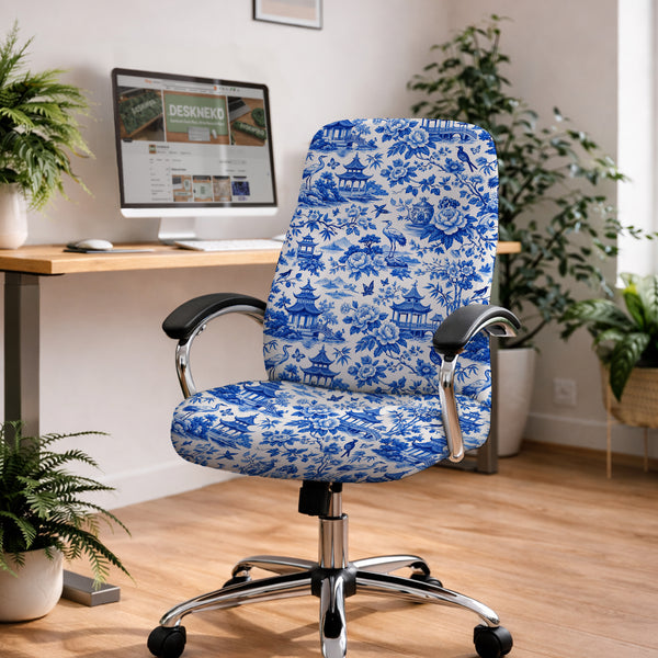 Blue Chinoiserie Desk Chair Cover - Chair Covers - Deskneko - Desk Chair Covers