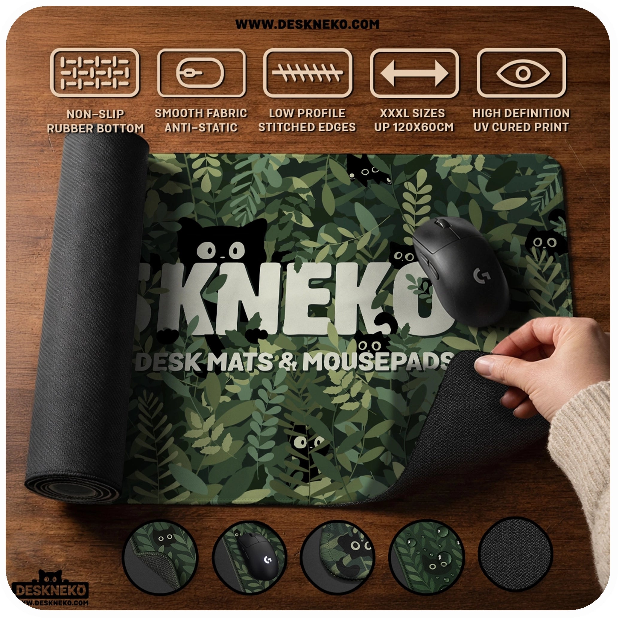 Lifestyle product photo of a DeskNeko desk mat and extra large mousepad on a wooden desk. One side of the desk pad is rolled to show the non-slip rubber bottom, while a hand lifts the corner of the mouse pad to reveal stitched edges and flexible thickness. A black gaming mouse sits on top. Icons highlight smooth fabric, anti-static surface, low-profile edges, and high-definition UV-cured printing. It shows that extra-large and custom sizes up to 120×60 cm are available.
