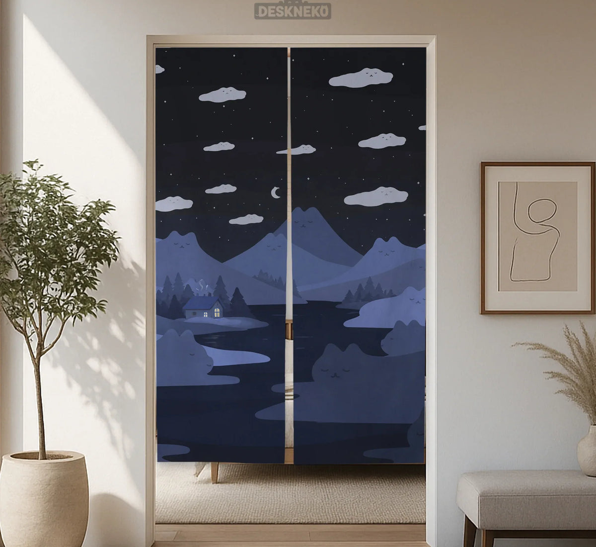Navy Cat Hills Noren Door Curtain Room Divider - Deskneko