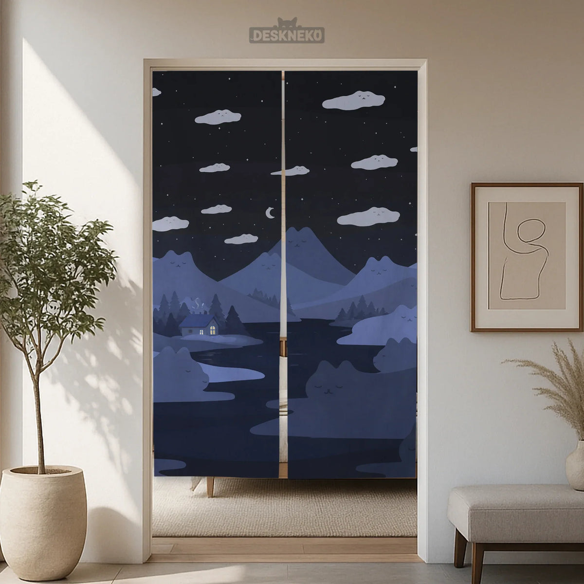 Navy Cat Hills Noren Door Curtain Room Divider - Deskneko