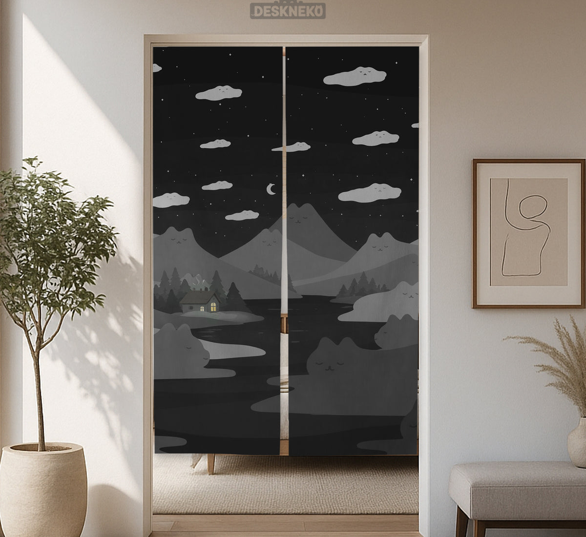 Cute Cat Mountains Noren Curtain - Noren Door Curtain - Deskneko - Noren Door Curtains