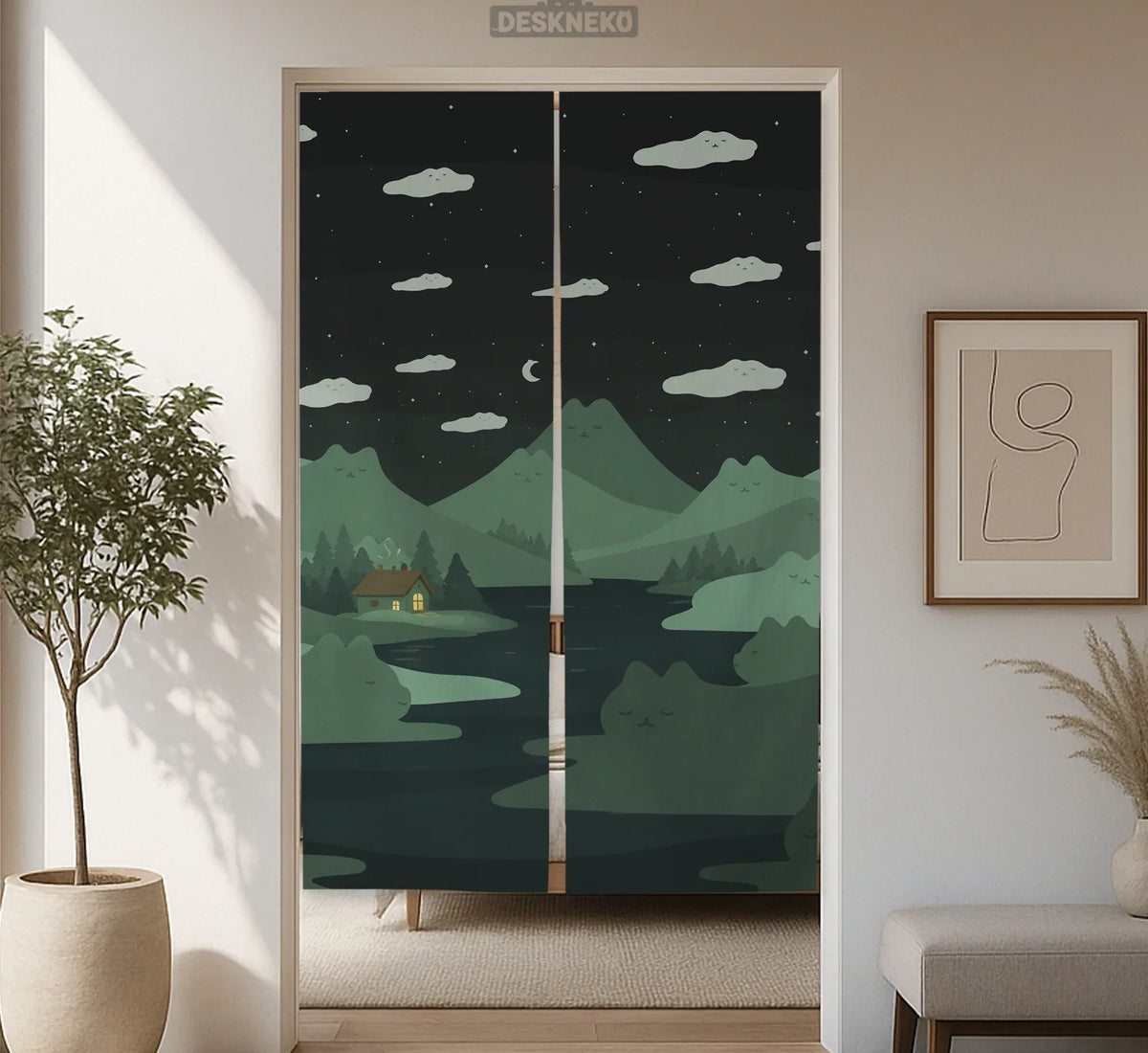 Forest Green Cat Hills Noren Door Curtain - Deskneko