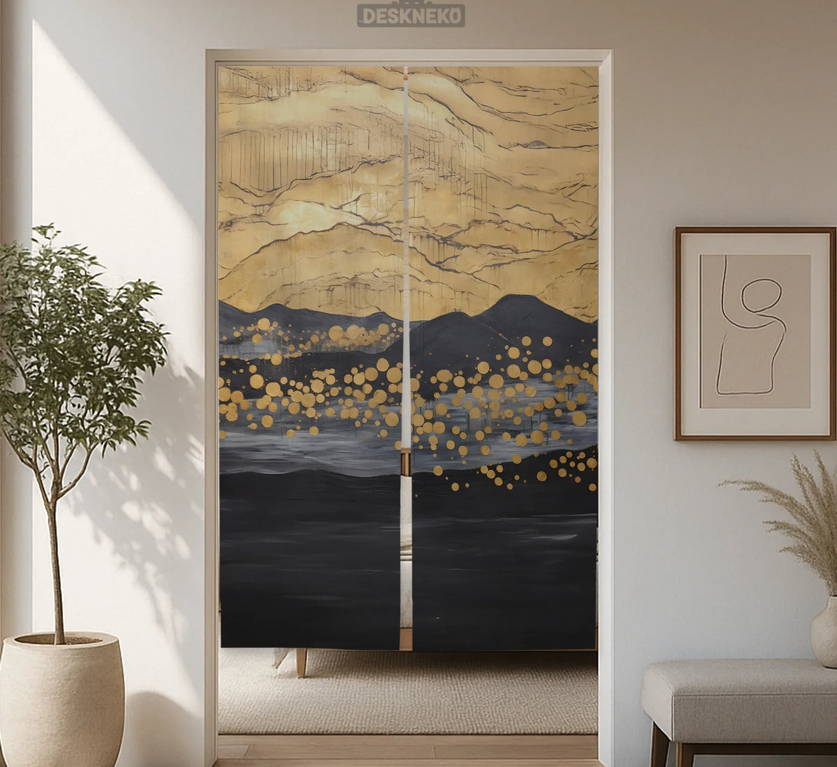 Gold Black Abstract Noren Door Curtain - Deskneko