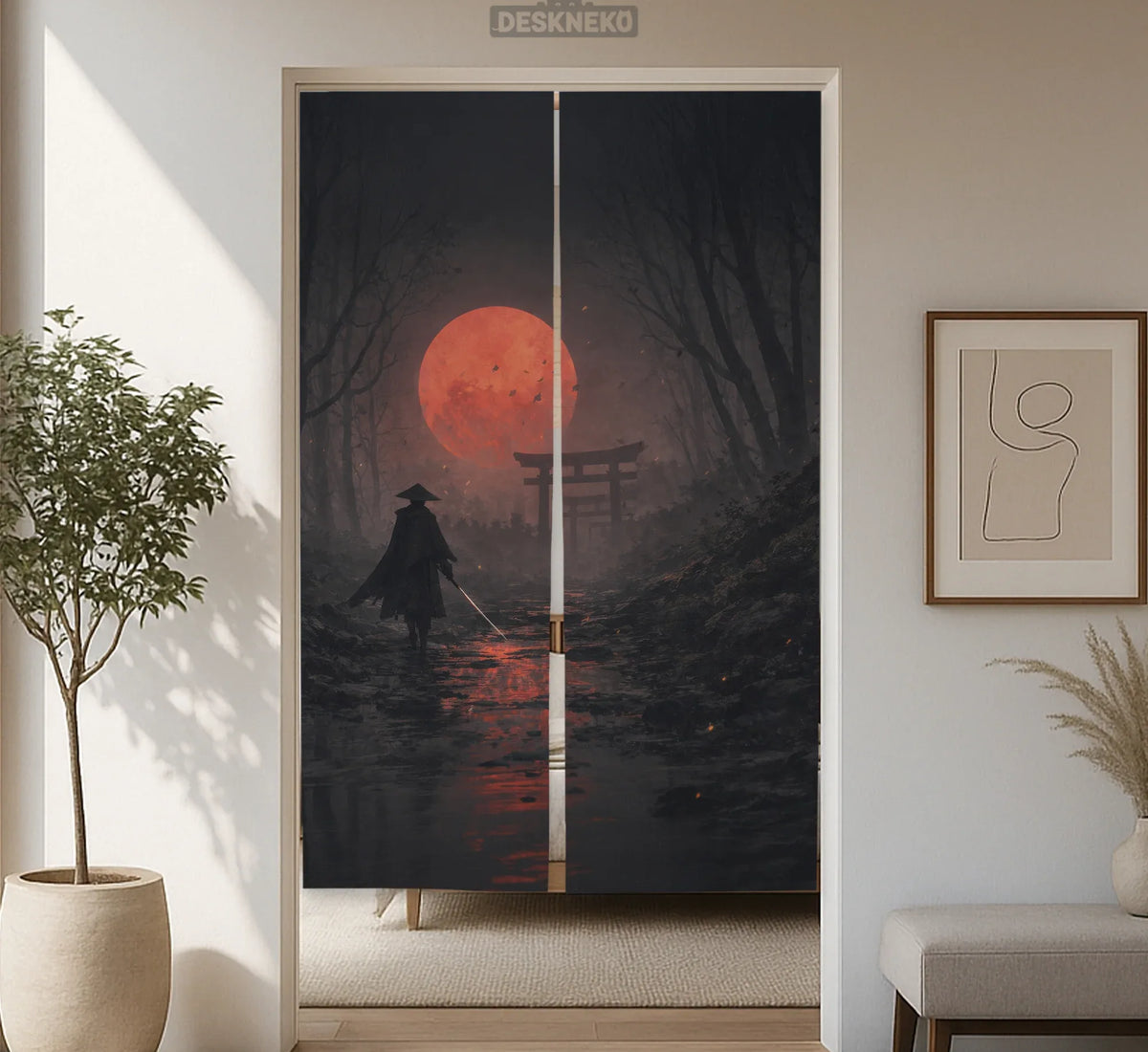 Samurai Red Moon Noren Door Curtain - Deskneko