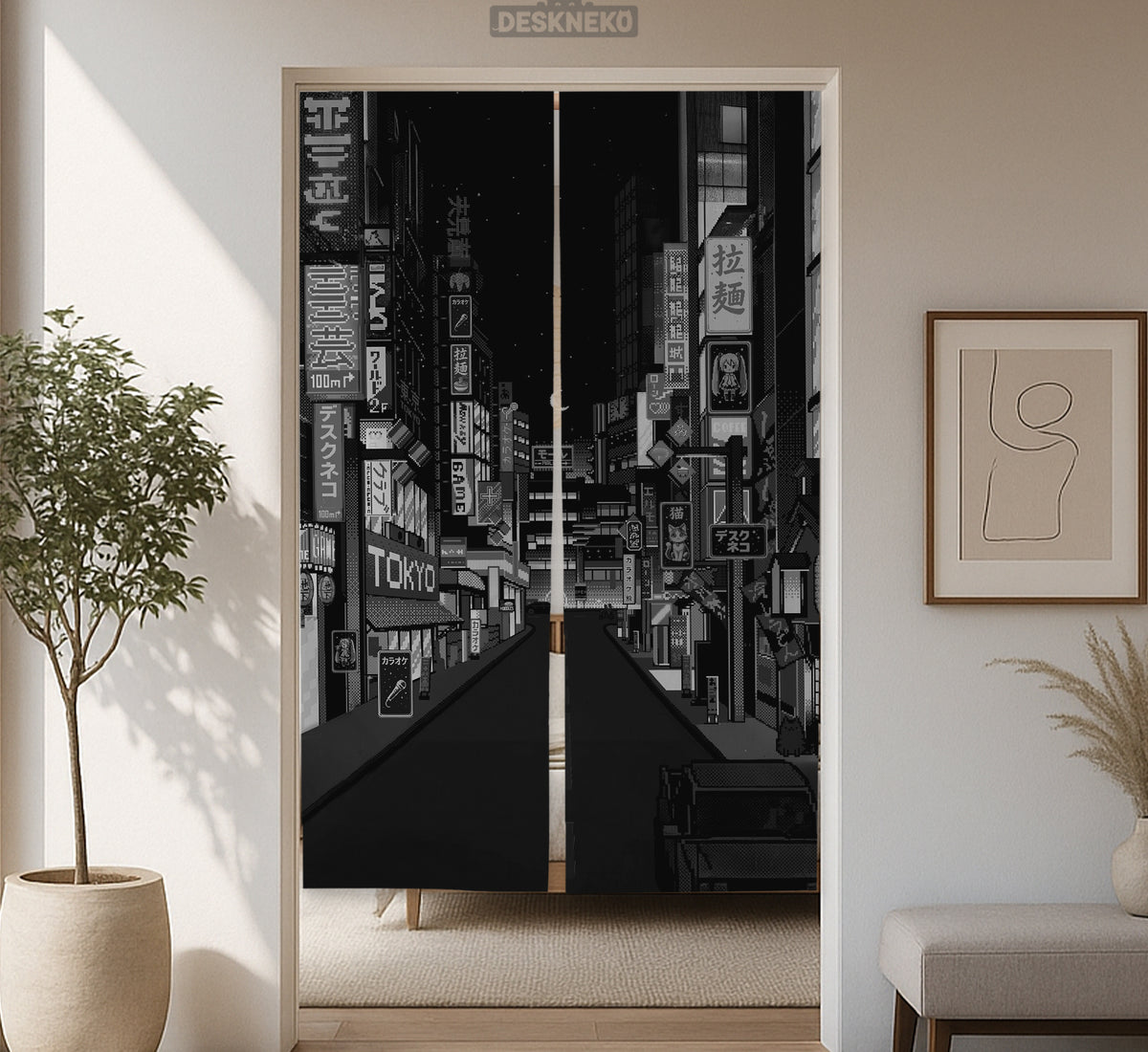Black Tokyo Street Noren Curtain - Noren Door Curtain - Deskneko - Noren Door Curtains