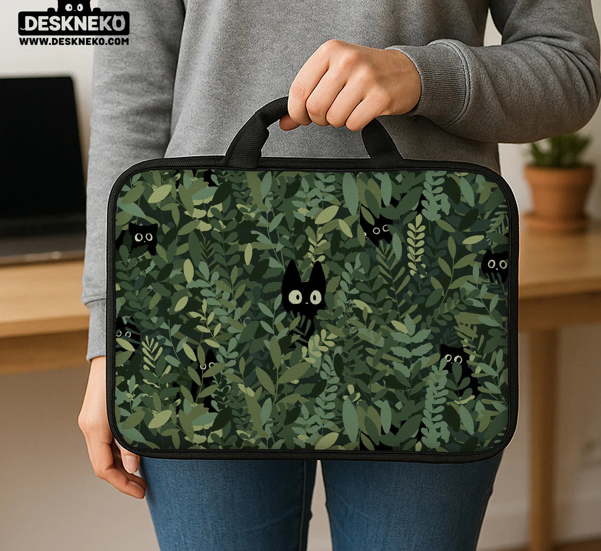 Botanical Cat Laptop Sleeve & Bag, Forest Green Aesthetic Case - Deskneko
