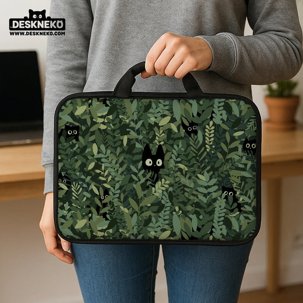 Botanical Cat Laptop Sleeve & Bag, Forest Green Aesthetic Case - Deskneko