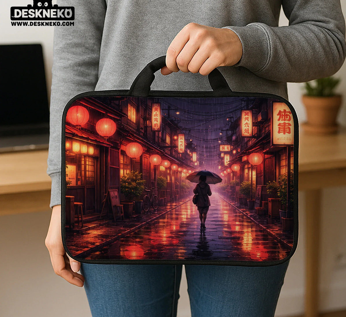 Lofi Anime Laptop Sleeve & Bag Japanese Rainy Street Aesthetic - Deskneko